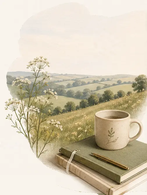 A watercolour of a mug of tea on a stack of notebooks, with wild flowers and rolling green hills behind